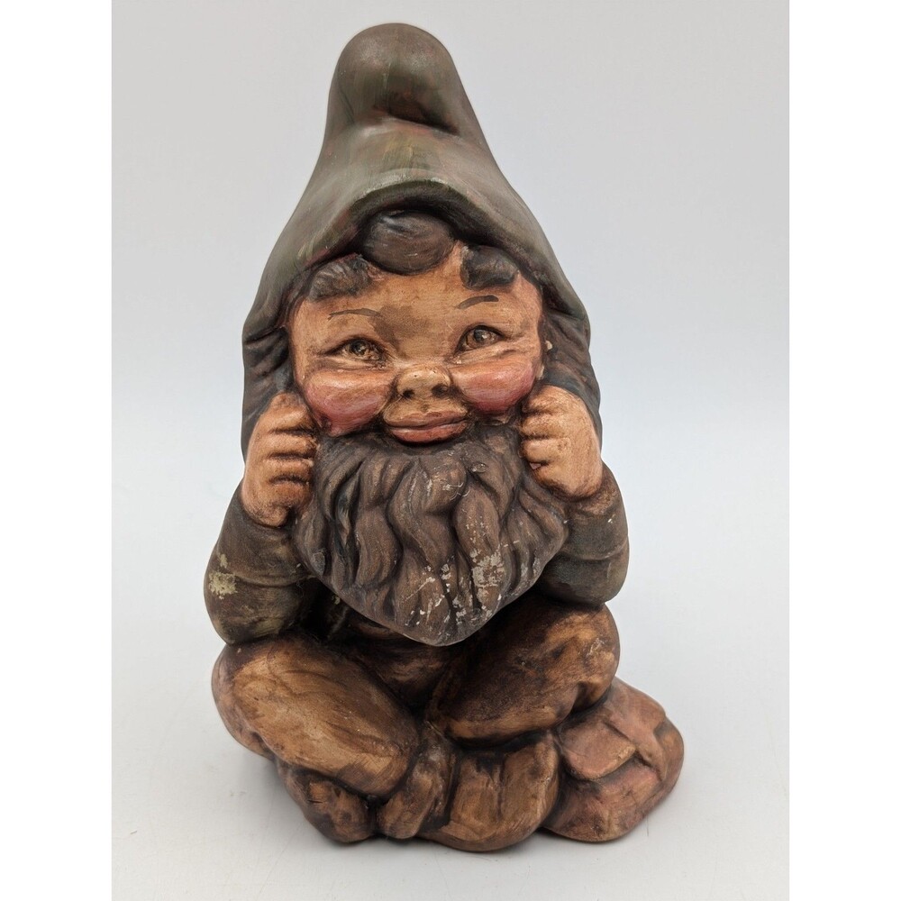 Vintage 1970s Hand Painted Ceramic Sitting Gnome Figurine Alberta Molds 8"